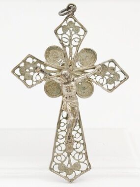 Vintage 800 Silver Crucifix Cross Necklace Pendant Intricate Spun Cannetille